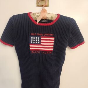 Vintage 90s Ralph Lauren Polo Jeans Navy Sweater with Red Trim Size Small